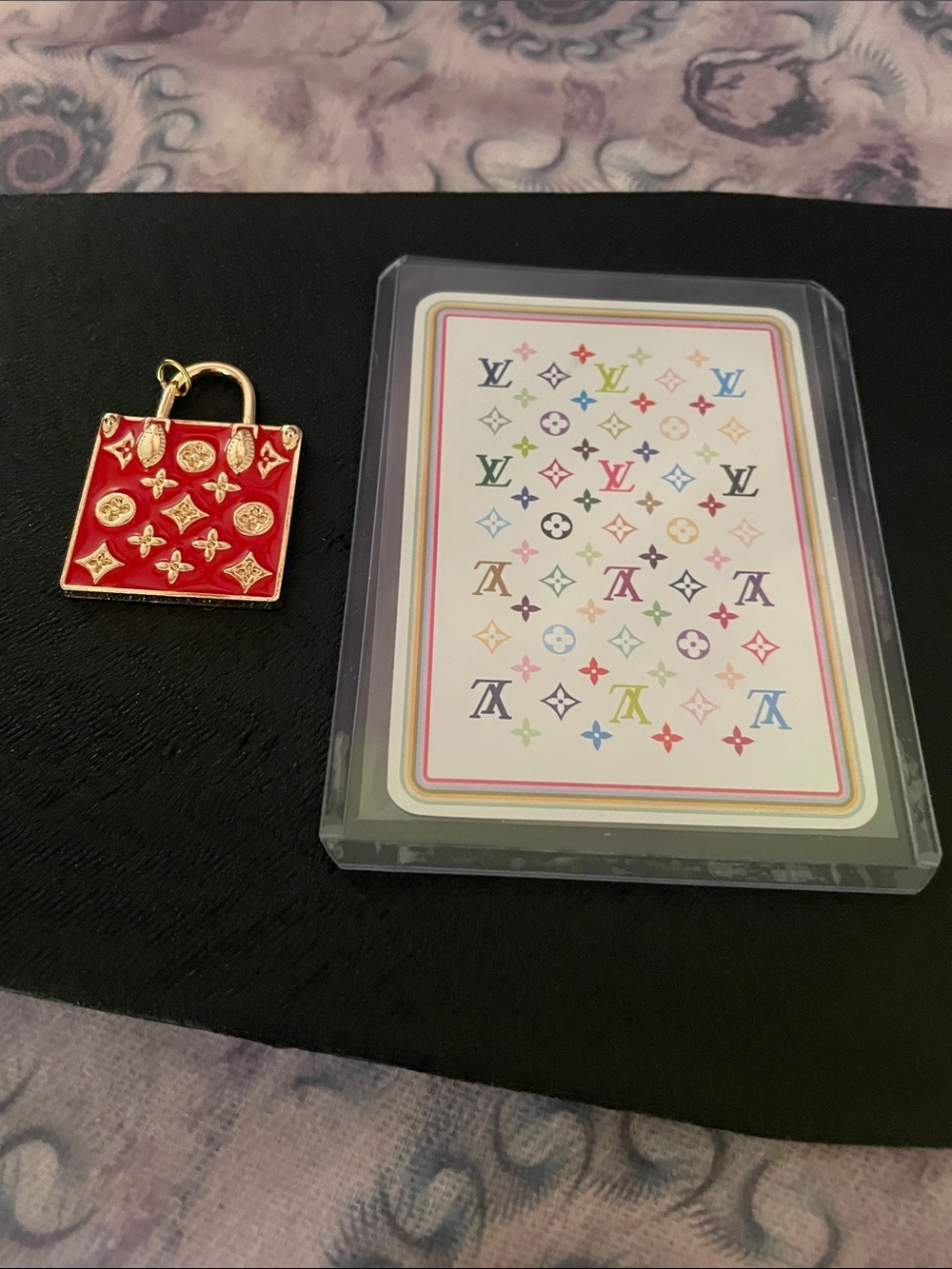 LV Red Enamel Monogram Tote Charm and 9 💎 LV Collector Card